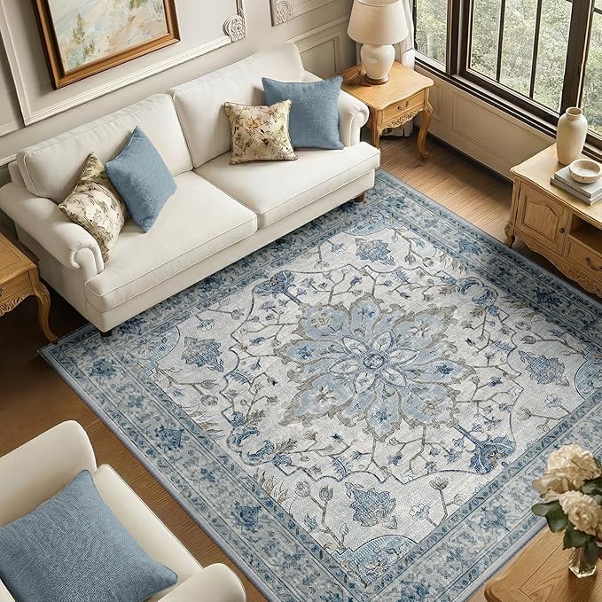RELEANY Area Rugs Square 6ft Washable Non-Slip, Floral Vintage Distress Print Pattern Medallion Carpet for Living Room Bedroom Dining Room, Light Blue Navy Beige Gray White