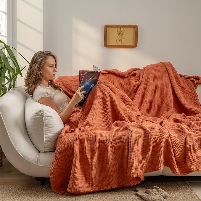 Muslin Blanket - Pure 100% Turkish Cotton Airy Soft Light Versatile Gauze Throw Blanket for Bed, Couch, Sofa (Brick, Throw Size (50" x 66" inch))