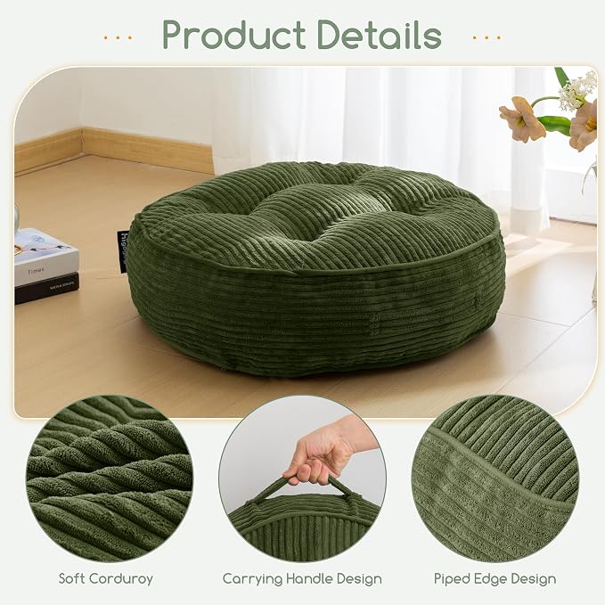 HIGOGOGO 6" Extra Thick Floor Pillow Cushion for Adults, Meditation Cushion Pillow, Large Round Floor Sitting, Tufted Corduroy Cover, for Tatami Living Room or Yoga, 22x22 Inch, Dark Green