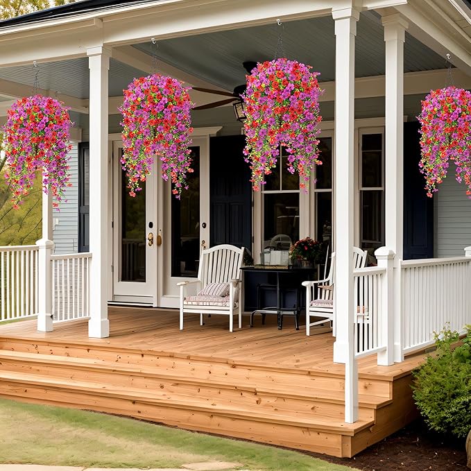 Ammyoo Artificial Hanging Flowers for Outdoors Fake Plants Decoration, 2 Packs Faux Silk Daisy Flower Realistic Outdoor Flowers UV Resistant Porch Patio Window Yard Indoor Spring Decor(Red Purple)