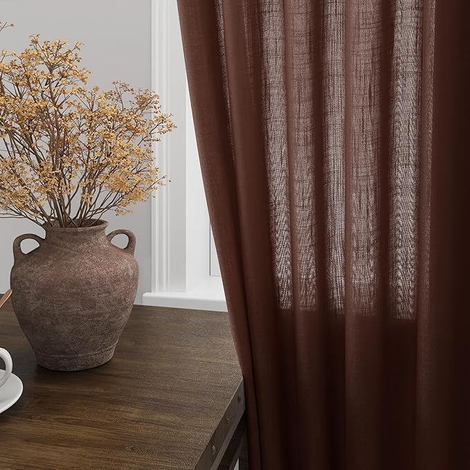 Rustic Brown Linen Curtains 90 Inch Long 2 Panels Set for Bedroom Living Room Linen Textured Window Drapes Semi Sheer Light Filtering Rod Pocket Back Tab Cotton Textured Farmhouse Curtain 52x90