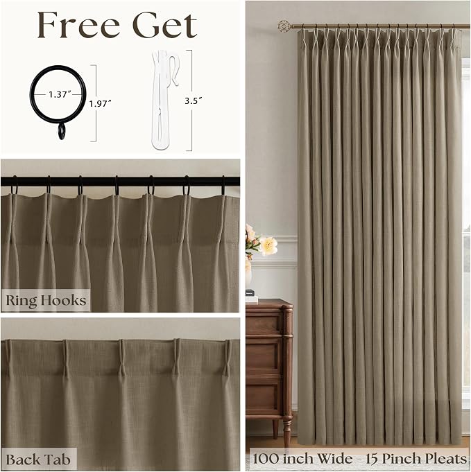 Pinch Pleated Linen 102 Inch Curtains 100 Inch Width for Living Room Divider Light Filtering Thick Light Brown Linen Extra Wide Patio Curtains for Sliding Door Balcony Floor to Ceiling Window 1 Panel