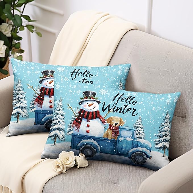 Set of 2 Blue Truck with Snowman Puppy Dog Rectangle Pillowcase Hello Winter Lumbar Pillow Covers 12x20 Snowflakes Snowman Waist Cushion Case for Living Room Bedroom Couch Sofa