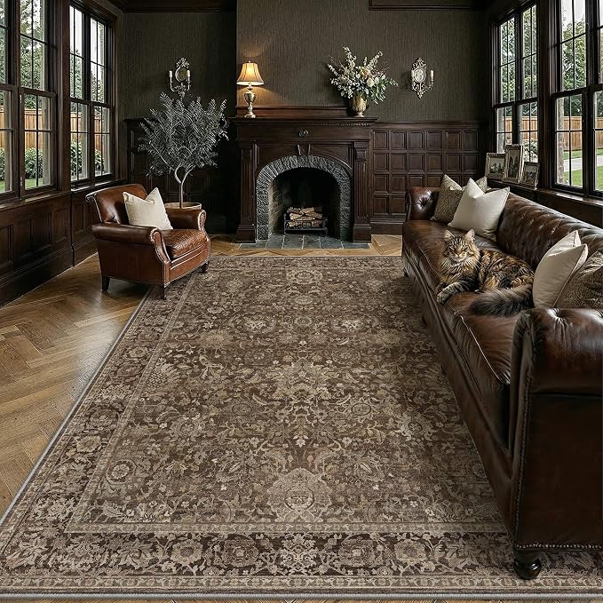 HUGEAR Area Rugs 10x12 Brown Washable Rug for Living Room Bedroom Large Neutral Vintage Rug Carpet Distressed Soft Durable Non Slip No Shedding for Indoor Dining Nursery Farmhouse