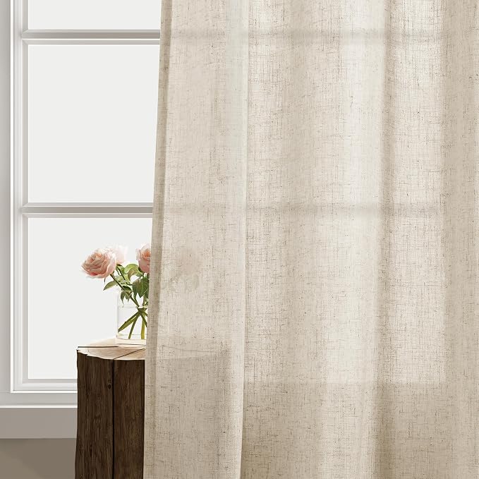 Beige Tan Linen Curtains 84 Inch Length 2 Panel for Bedroom Grommet Burlap Flax Linen Drape Semi Sheer Light Filtering Privacy Neutral Rustic Farmhouse Window Curtain 84 Inches Long for Living Room