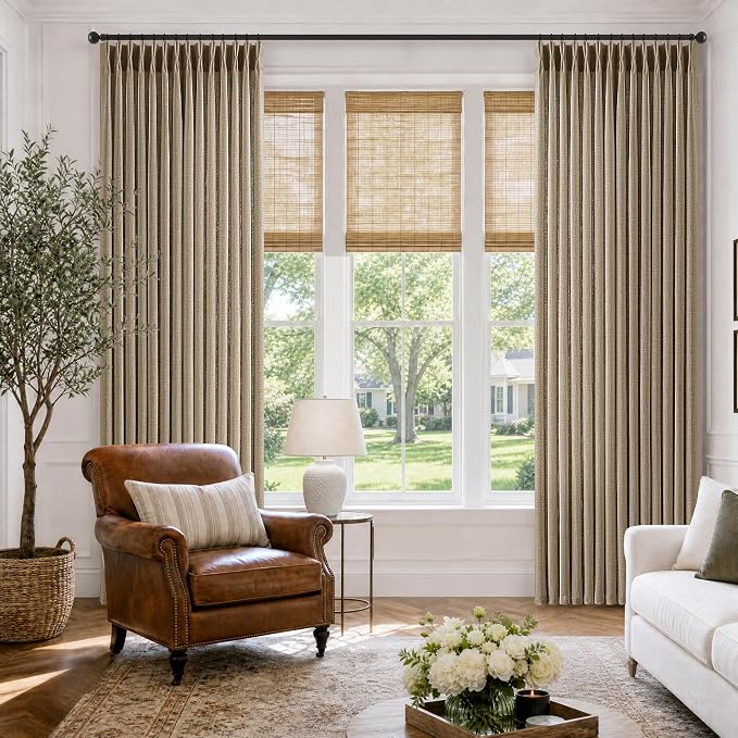 Brown Thick Linen Pleated Curtains 105 Inch Dark Flax Linen Blend Pinch Pleat Semi Sheer Privacy Curtains with Rings Memory Training Boho Farmhouse Custom Made Drapes for Living Room Bedroom 2 Panels