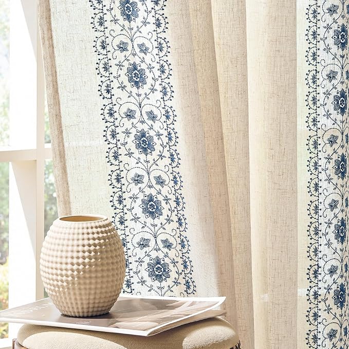 jinchan Weslie Boho Curtains for Bedroom Blue Vintage Floral Farmhouse Curtains 63 Inch Length Linen Drapes for Living Room Embroidered Light Filtering Drapes Rod Pocket Blue on Beige 2 Panels