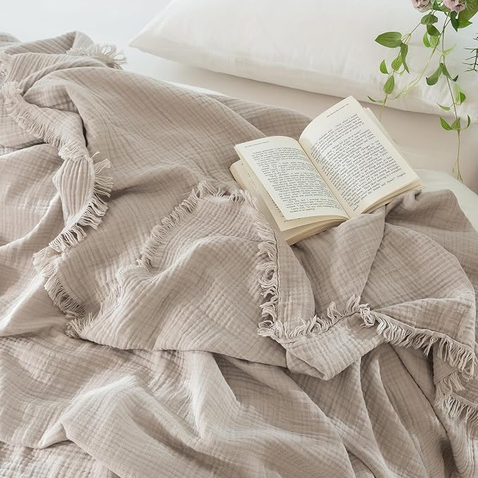 MooMee Muslin Blanket - 100% Cotton 4-Layer Gauze Throw Blanket with All-Around Fringe, Soft Breathable Lightweight Cooling Summer Blankets for Bed Couch (Cream Grey,King 104" x 90")