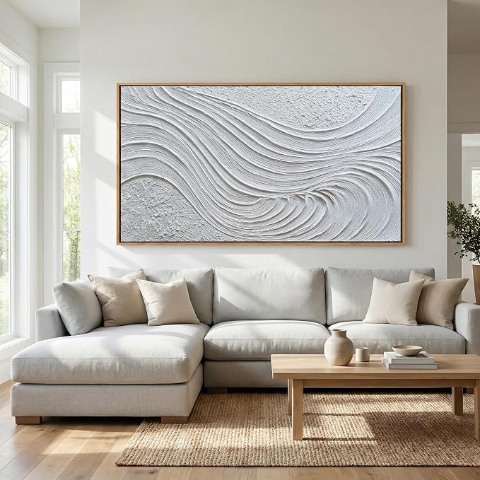 The Mode Art Abstract 3D Textured Wall Art White Waves Canvas Print Modern Minimalist Framed Wall Decor for Living Room Bedroom Office 24x48inch