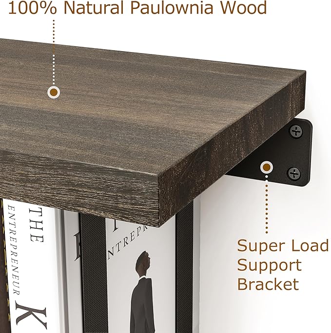 NANATI 2 Set of Floating Bookshelf with Super Load-Bear Shelf Brackets, Paulownia Wood Invisible Bookshelf, Hanging Bookshelves for Wall, Unique Space Saving Wall Bookcase