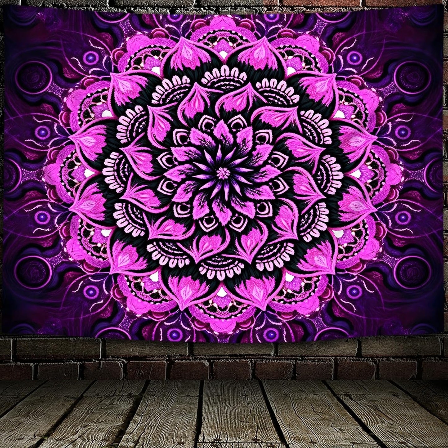 Psyhilar Blacklight Mandala Tapestry Wall Hanging, Psychedelic Flower Black Light Posters for Adults and Teens, UV Reactive Aesthetic Bohemian Art for Bedroom (80 x 60 Inches)