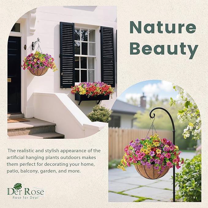 Der Rose Artificial Hanging Flowers Basket for Outdoors Fake Hanging Plants Spring Summer Decoration UV Resistant for Garden Front Porch Patio Balcony Decor