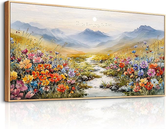 XIGUANGART Floral Framed Canvas Wall Art, 24"X48" Watercolor Flower Colorful Oil Painting, Modern Wildflower Wall Decor, Large Flowers River Sunrise Landscape Artwork for Living Room, Bedroom, Office