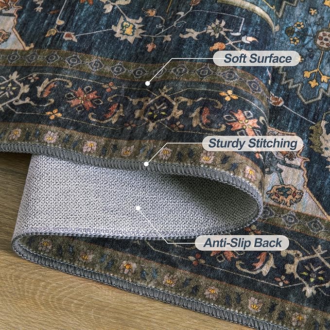 Tangsoo 2x6 Washable Runner Rug for Hallways, Non Slip Vintage Runner Rug, Soft Low Pile Long Rug Runner, Print Distressed Carpet Runners for Kitchen Bedroom Entryway Bathroom Living Room Dark Blue