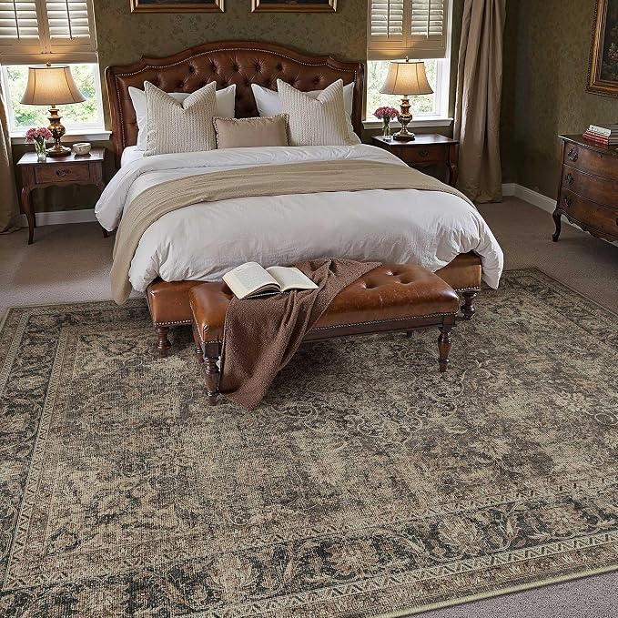 10x14 Washable Area Rug Brown Vintage Non Slip Soft Low Pile Rug for Living Room Bedroom Dining Room Office Distressed Oriental Indoor Large Throw Carpet for Home Decor