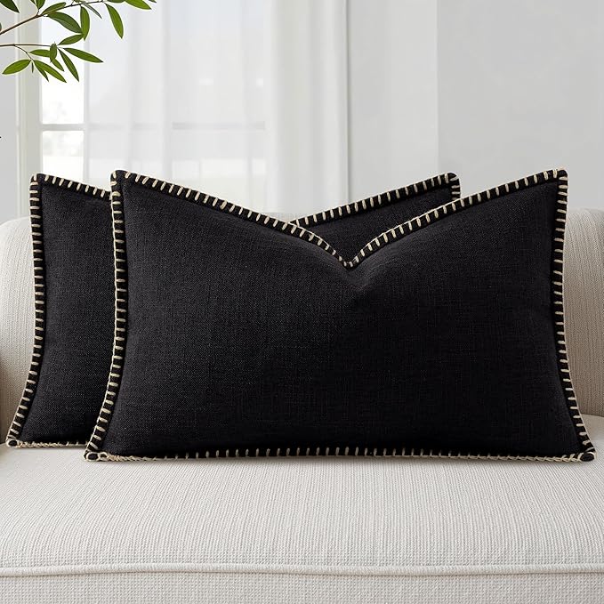 decorUhome Summer Decorative Throw Pillow Covers 12x20 Set of 2 Lumbar Faux Linen Outdoor Neutral Farmhouse Pillow Covers with Stitched Edge for Couch Sofa Living Room, Black