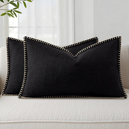 decorUhome Summer Decorative Throw Pillow Covers 12x20 Set of 2 Lumbar Faux Linen Outdoor Neutral Farmhouse Pillow Covers with Stitched Edge for Couch Sofa Living Room, Black