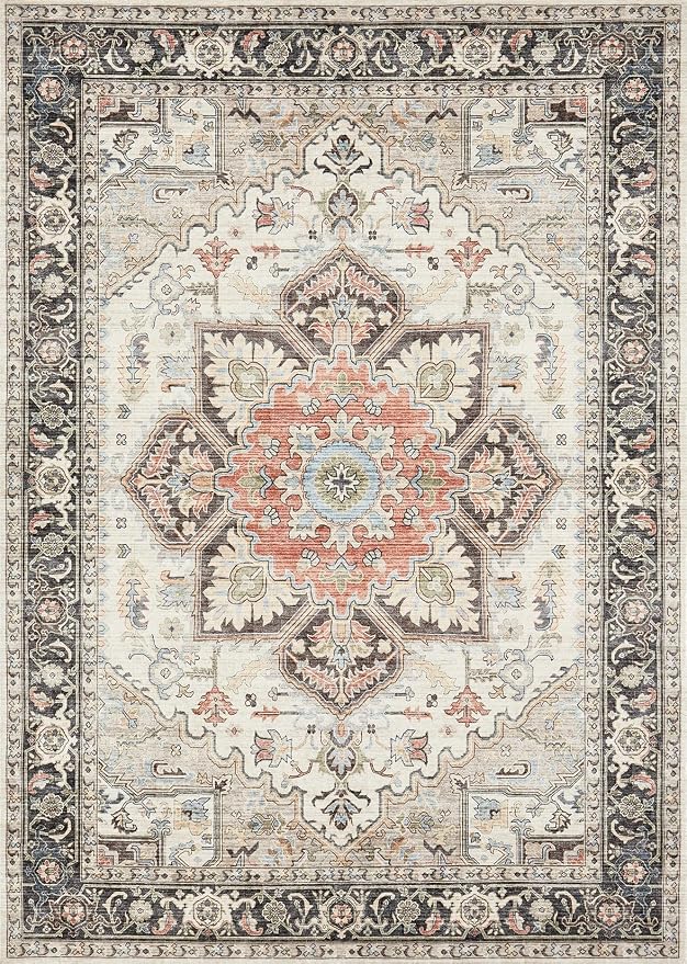 Area Rug for Living Room - 5x7 Soft Machine Washable Oriental Vintage Floral Distressed Large Indoor Floor Carpet for Bedroom Under Dining Table Home Office Decor - Multi Cream