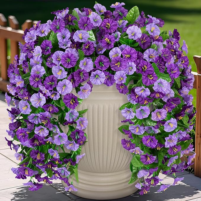 INXUGAO Artificial Fake Hanging Flowers Plants for Outdoor Decoration, 2PCS Faux Silk Morning Glory Long Vines Stems UV Resistant Look Real for Spring Summer Outside Home Porch Patio, Purple
