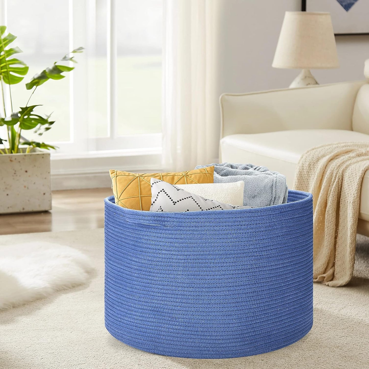 Ravinte Blanket Basket - 20"x 20"x 13" Cotton Rope Basket for Living Room, Baby Toy Storage Basket, Large Woven Laundry Basket (Blue)