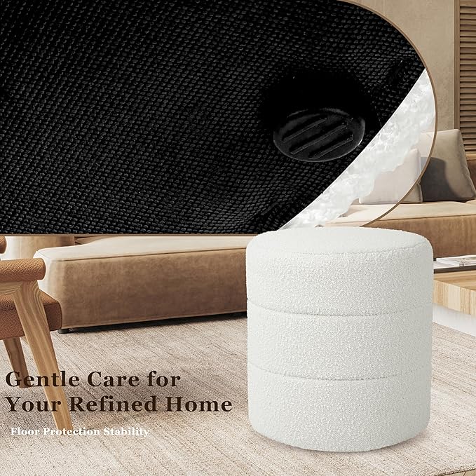 HomePop Upholstered Round Ottoman (No Lid, Seat Only) | HomePop Home Décor | Round Pouf Foot Rest – Cream Boucle