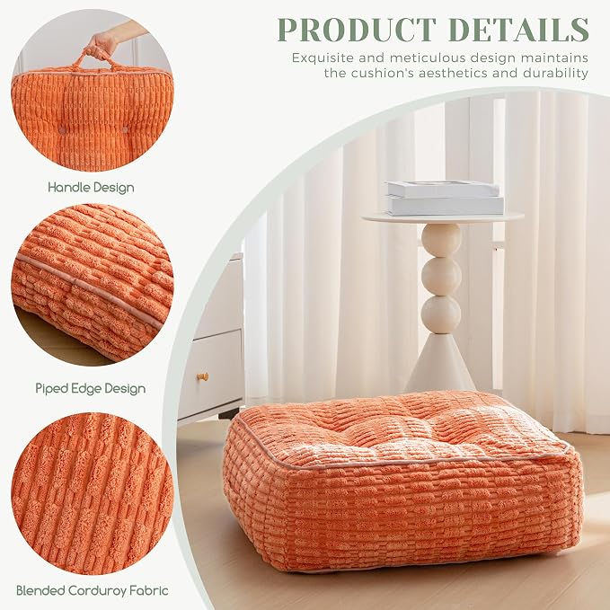 HIGOGOGO 8" Floor Pillow Cushion for Adults, Meditation Cushion Pillow, Blended Corduroy Cover, Large Square Floor Sitting for Tatami Living Room or Yoga, 2Pack, Coral