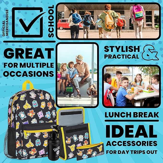 Pokemon Backpack Set 4 Pcs for Kids with Backpack Water Bottle Pencil Case Lunch Bag or Wallet Anime School Supplies Gifts (Black/Multi)