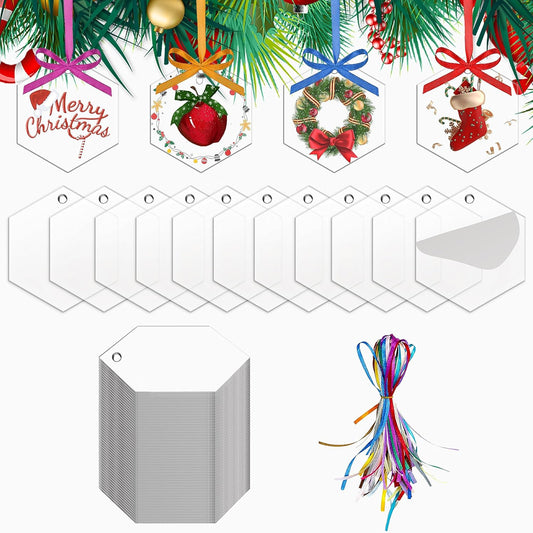 40 Pieces Christmas Hanging Ornaments Set 3''Christmas Ornament Acrylic Blank with 50Pcs 25 Color Ribbons for Christmas Tree DIY Decor (Classic Hexagon, 40.00)