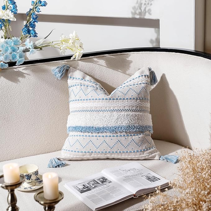 BlissBlush 18X18 Throw Pillow Cover, Coastal Blue Square Decorative Cushion Cover, Boho Accent Pillowcase with Tassels for Couch Sofa Living Room (Cover Only)