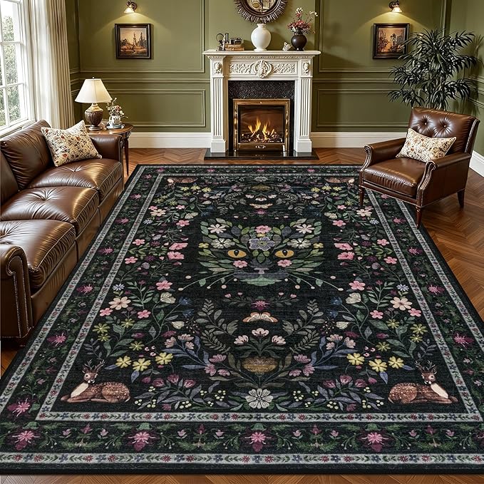 9x12 Area Rugs Living Room Rug: Vintage Washable Rug Floral Soft Carpet Indoor Floor Non-Slip Boho Stain Resistant Large Carpets for Bedroom Kids Nursery Dining Room Farmhouse Home Office Black/C02