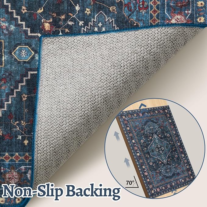 Tangsoo Blue Vintage 5X7 Washable Area Rug, Oriental Indoor Dining Room Rugs for Under Table, Non Slip Machine Washable Large Tumble Rug, Soft Low Pile Foldable Carpet for Bedroom Living Room