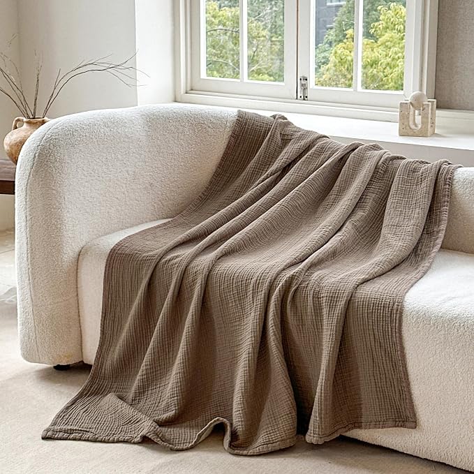 FALUCA Cotton Muslin Cooling Reversible Blanket Queen Size for Bed, Couch, Four Layers Blanket, Soft Lightweight Cozy Breathable Farmhouse Decoration for Summer, Brown