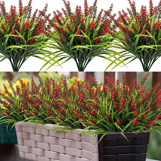 Nigirior Artificial Flowers for Outdoor Plants 24 Bundles Fake Lavender Plastic Faux Monkey Grass for Verandah Window Garden Office Patio Front Porch UV Resistant for Planter(Red)