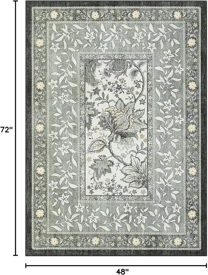 GarveeHome Provence Botanical Grove 4x6 Rug Vintage Cottagecore Soft Gray Fog Green 4x6 Washable Rug for Bedroom Living Room Nursery Kitchen Entryway Indoor Mat