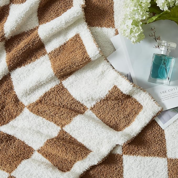 WRENSONGE Soft Checkered Throw Blanket for Couch-Cozy Warm Knitted Blankets | Lightweight Warm Fluffy Decor for Women, Mom, Her & Girls, Sofa, Chair, Bed, 50x60in,Burnt Orange