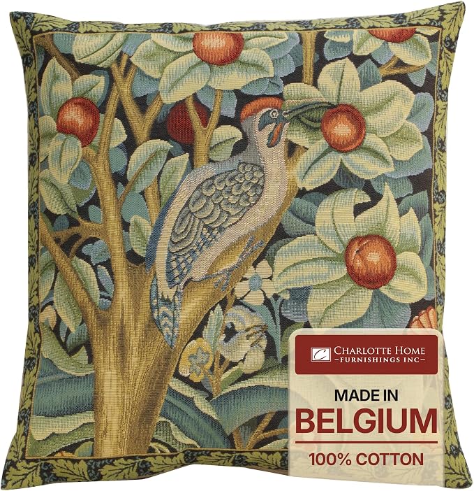 Charlotte Home Furnishings Inc Black Woodpecker Throw Pillow Covers 18x18, European 100% Cotton Jacquard Woven Fabric, Boho & Vintage Inspired Decorative Cushion for Living Room and Sofa