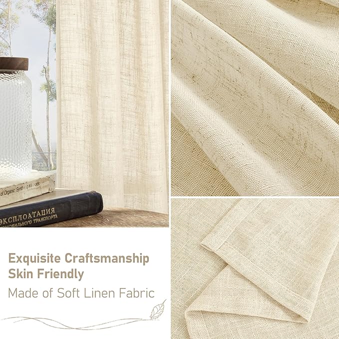 LAMIT Semi Sheer Beige Linen Curtains 72 inch Length, Light Filtering Panels Back Tab and Rod Pocket Neutral Drapes for Bedroom/Living Room, Beige, 2 Panels, 34 x 72 Inch