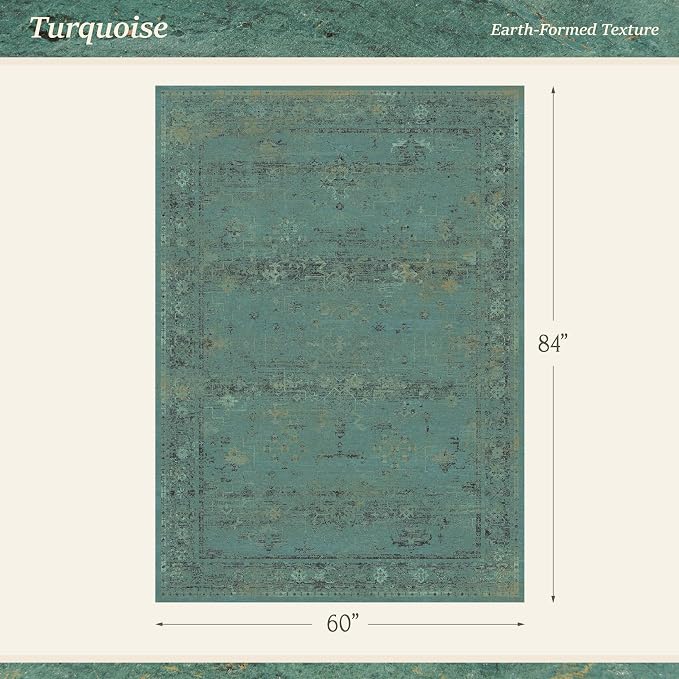 Turquoise Green 5x7 Washable Area Rug for Small Living Room, Non-Slip Low Pile Vintage Boho Carpet, Distressed Teal Geometric Rug for Home Office & Bedroom, Modern Farmhouse Décor