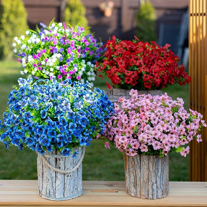 AXYLEX Artificial Flowers for Outdoors Fake Plants - 16 Bundles Faux Outside Greenery Boxwood No Fade Plastic Shrubs Fall Decor Farmhouse Home Garden (Blue)