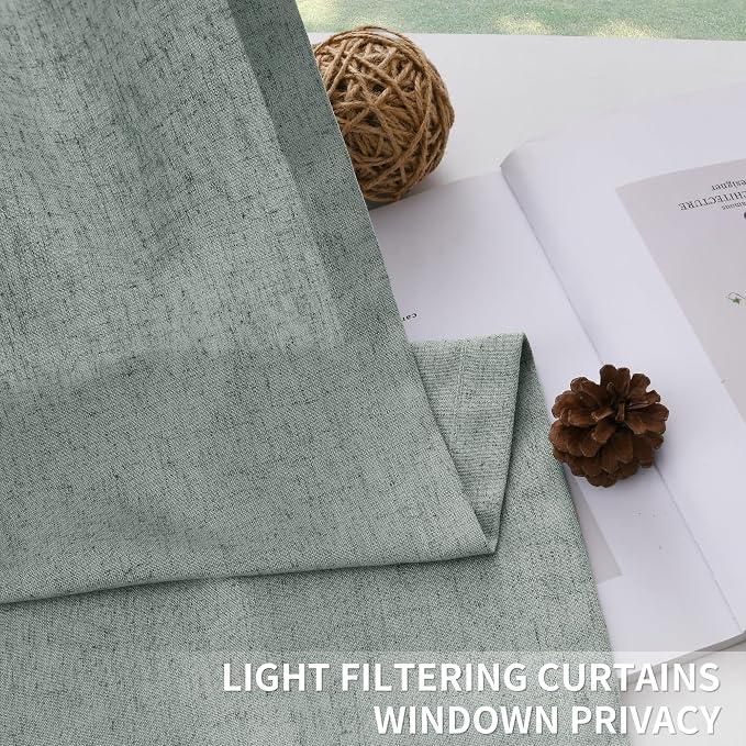 Guken Desert Sage Pinch Pleated Linen Curtains 90 Inches Long Farmhouse Country Semi Sheer Textured Linen Blended Light Filtering Curtain for Living Room Bedroom Pleated Drapes with Hooks Rings 40x90