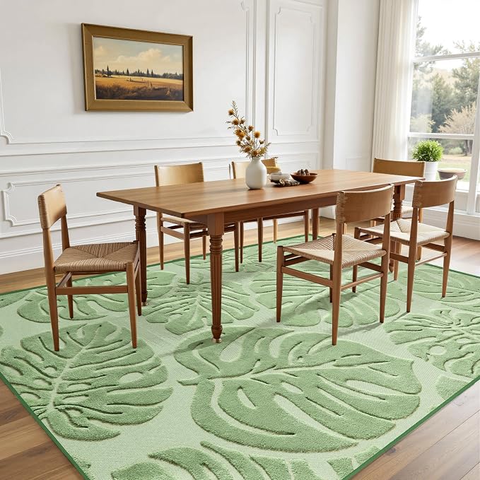 Sage Green Monstera Area Rug 6x9, High-Low Plush Pile Washable Rugs for Living Room Bedroom, Tropical Non Slip Nursery Carpet Soft Indoor Shag Rugs for Dining Room