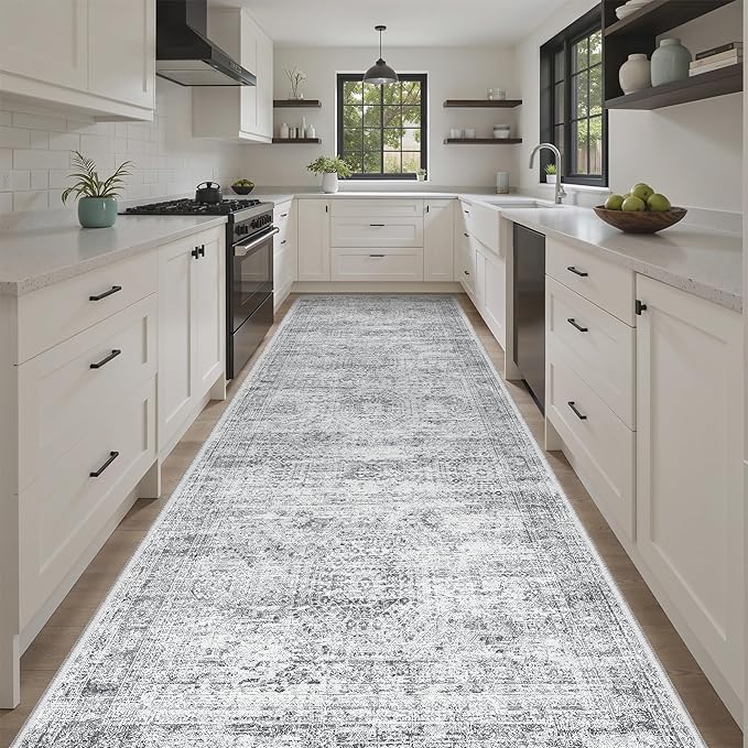 Soalmost 4x10 Wide Hallway Runner Rug: Washable Soft Rug Runners for Living Room Bedroom Ktichen, Stain Resistant Low Pile Area Rugs Non Slip Floor Carpet (Grey, 4x10)