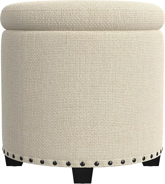 HomePop 18.5" Round Storage Ottoman with Nailheads - Cream Woven