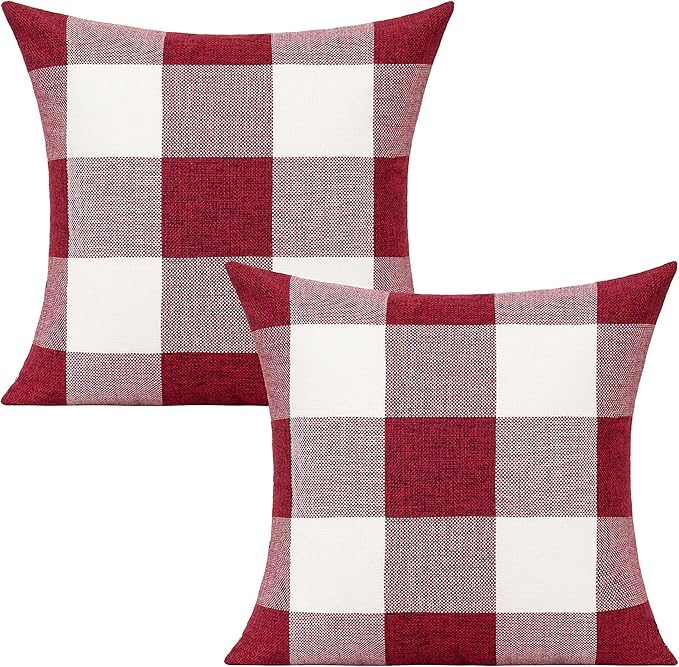 VAKADO 20x20 Pack of 2 Farmhouse Retro Check Plaids Throw Pillow Covers Christmas Valentine Decorative Buffalo Rustic Cushion Cases for Sofa Bed Couch, Red White