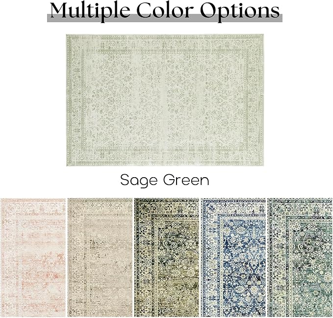 Sage Green Area Rugs 9x12 Living Room No Slip Stain Resistant Large Area Rug for Bedroom Low Pile Soft Boho Distressed Style Light Green Rug 9 x 12 Washable Carpet for Dining Room Playroom