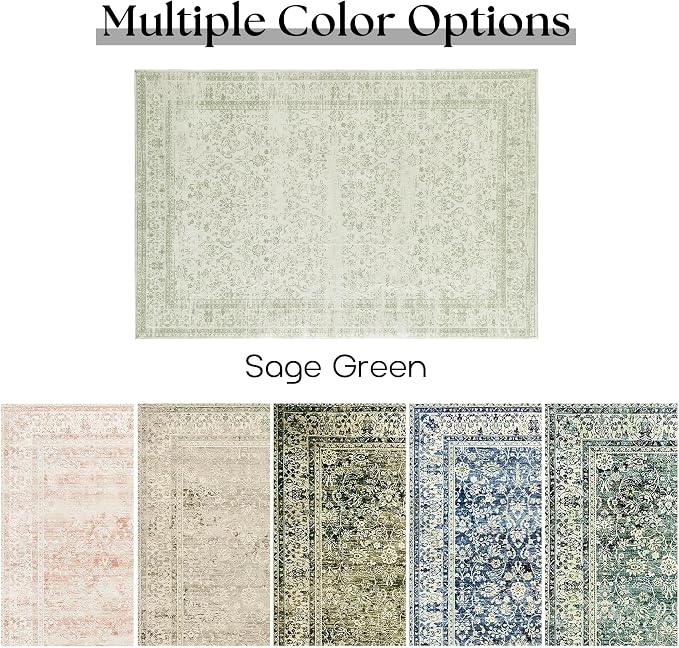 Sage Green Area Rug for Bedroom Neutral Boho Farmhouse Floral Distressed Design 5x8 Rug with Washable No Slip Soft 5 by 8 Area Rugs for Living Room Home Office Dining Room Carpet for Under Table