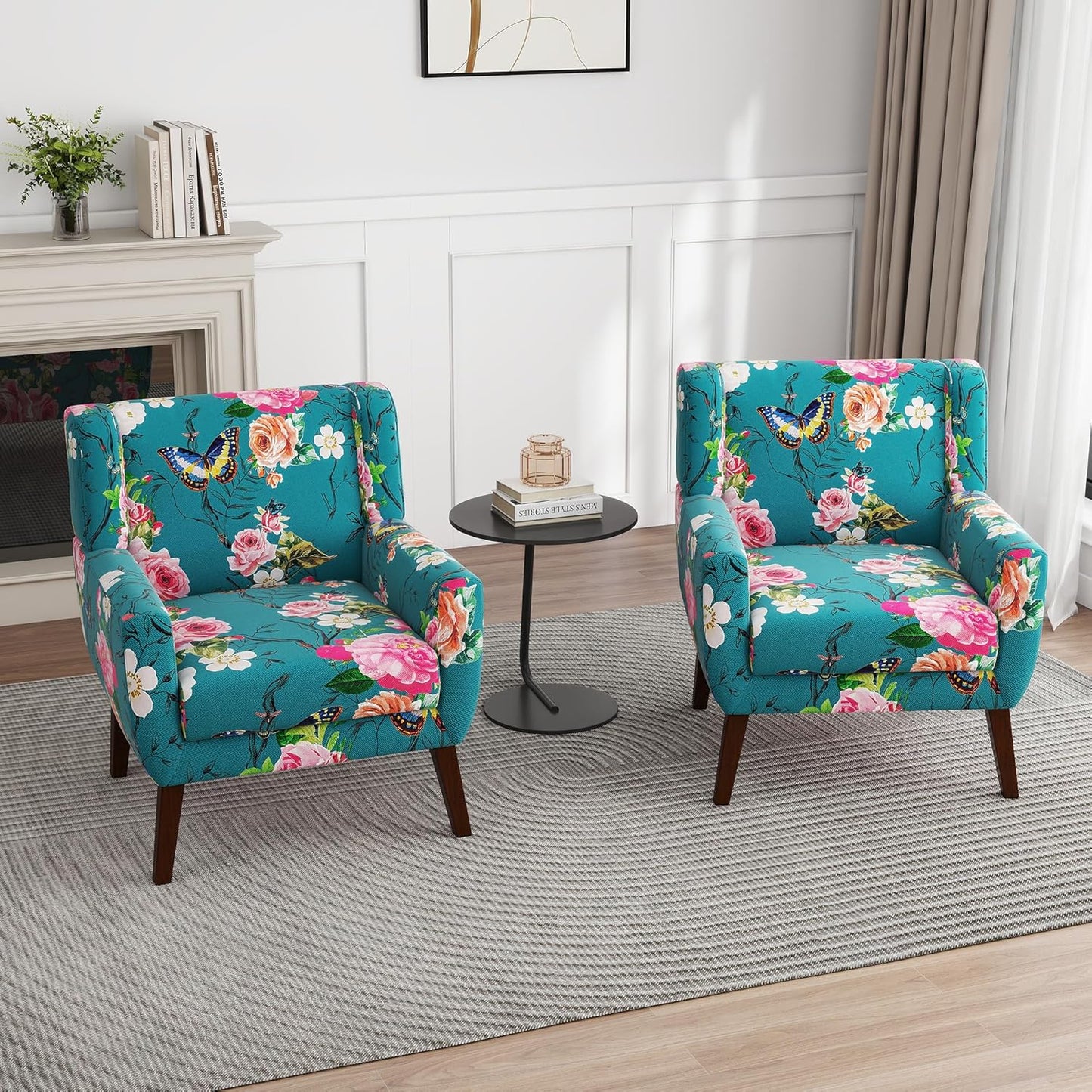 UIXE Floral Accent Chair, Modern Upholstered Armchair in Fabric for Living Room, Comfy Club Arm Chairs Single Sofa Button Tufted Bedroom Reading Seat - Pattern Blue, Set of 1