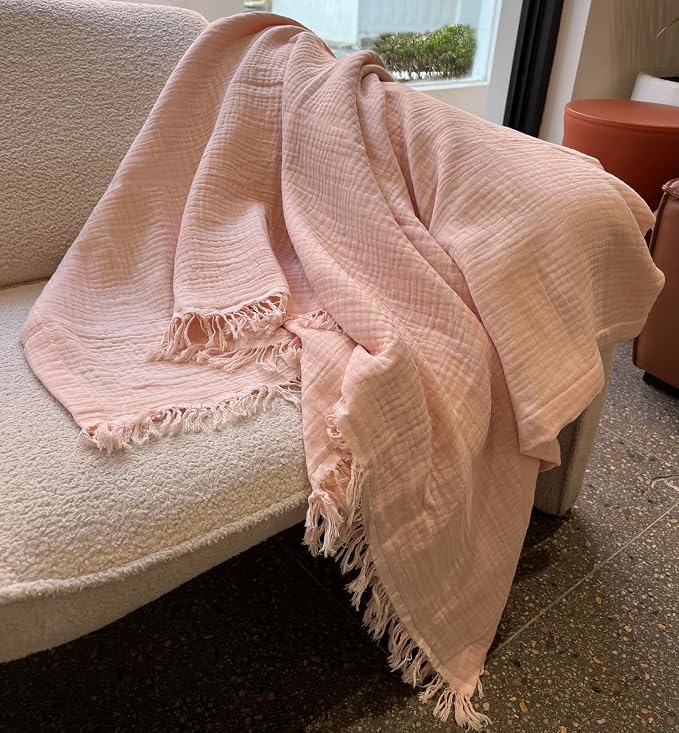 KyraHome 100% Organic Cotton Muslin Throw Blankets for Couch, Girls, Adults, 50"x60", Pre-Washed Plant Dyed, Breathable Lightweight Summer Throw Blanket, All Season (Soft Pink)