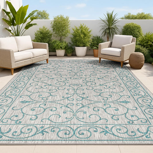 JONATHAN Y Vintage Filigree Indoor Outdoor Area Rug 10X14 Gray/Teal, Charleston Textured Weave for Backyard, Patio, Porch, Easy-Cleaning, High Traffic, Pet-Friendly, Non-Shedding (SMB106E-14)