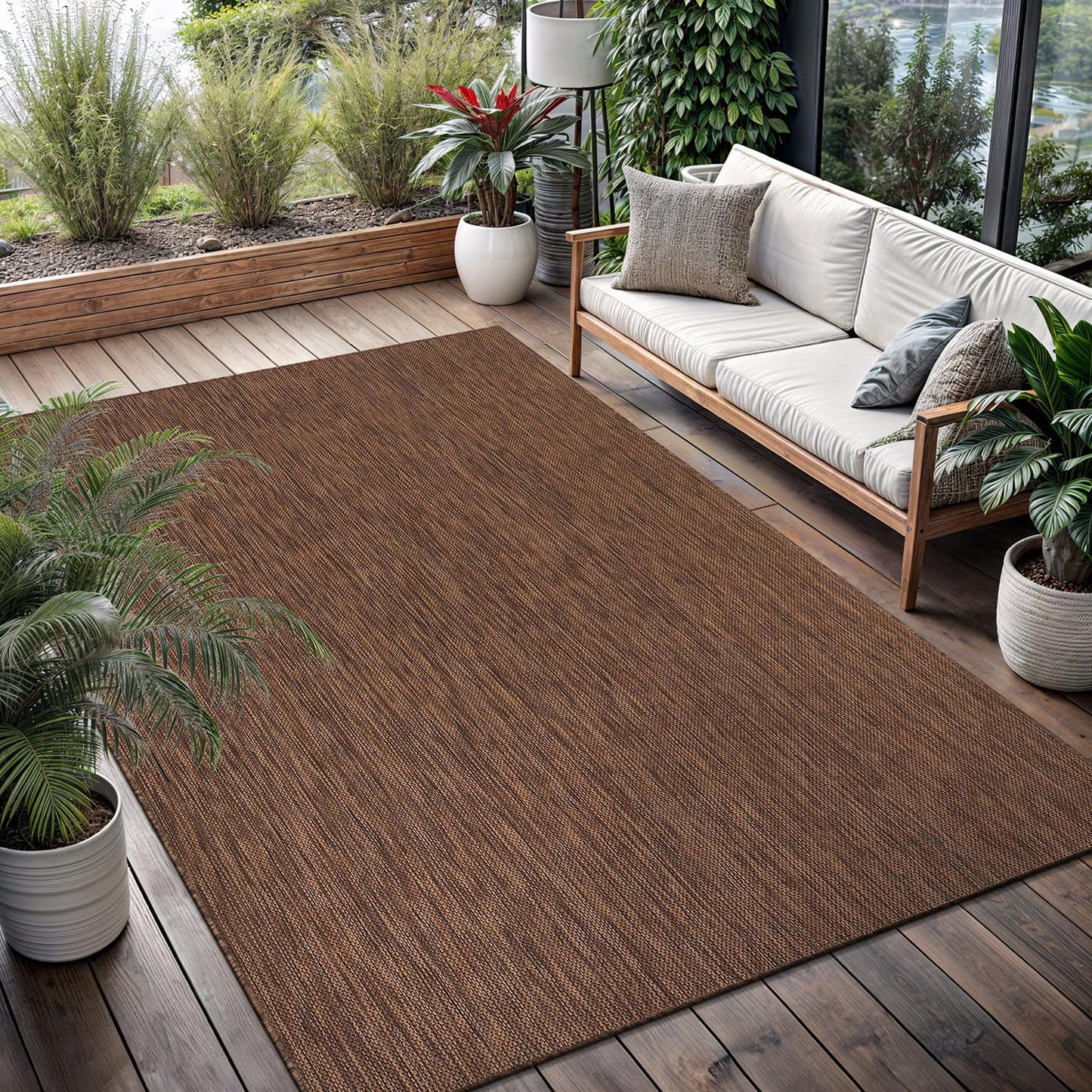 Washable Indoor Outdoor Rug Weather Resistant Carpet Modern Solid for Porch Deck Balcony Backyard Patio Rug 5x7 Gold Brown
